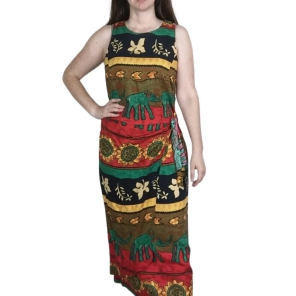 Vintage African inspired faux wrap rayon maxi dress size 8 African safari
